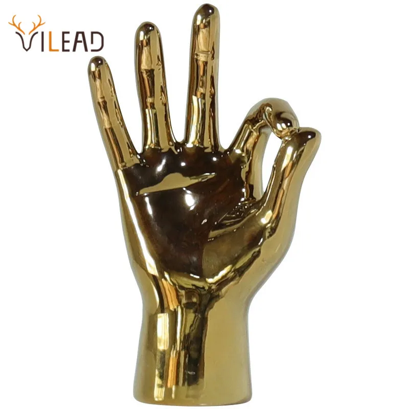 VILEAD Golden Porcelain Gesture Finger Figurine Modern Ornament Home Decoration Accessories Office Desktop Statue Decor Interior