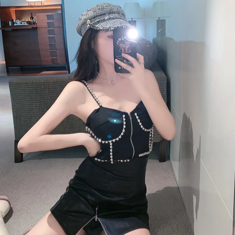 Summer Woman Short Sexy Streetwear Beading Strap Tanks Camis with Zipper YOU165