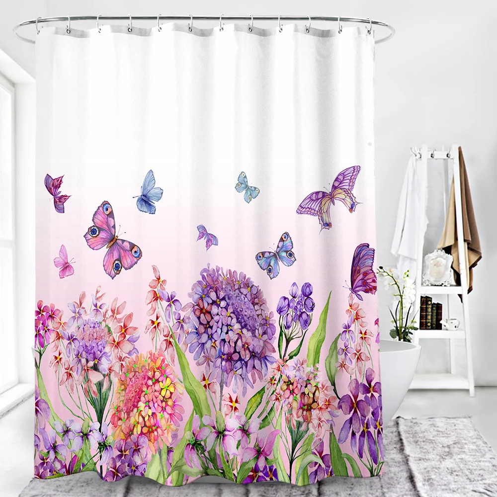 

Flower Butterfly Waterproof Shower Curtain Set With 12 Hooks Bathroom Curtains Polyester Fabric Bath Mildew Proof Home Decor