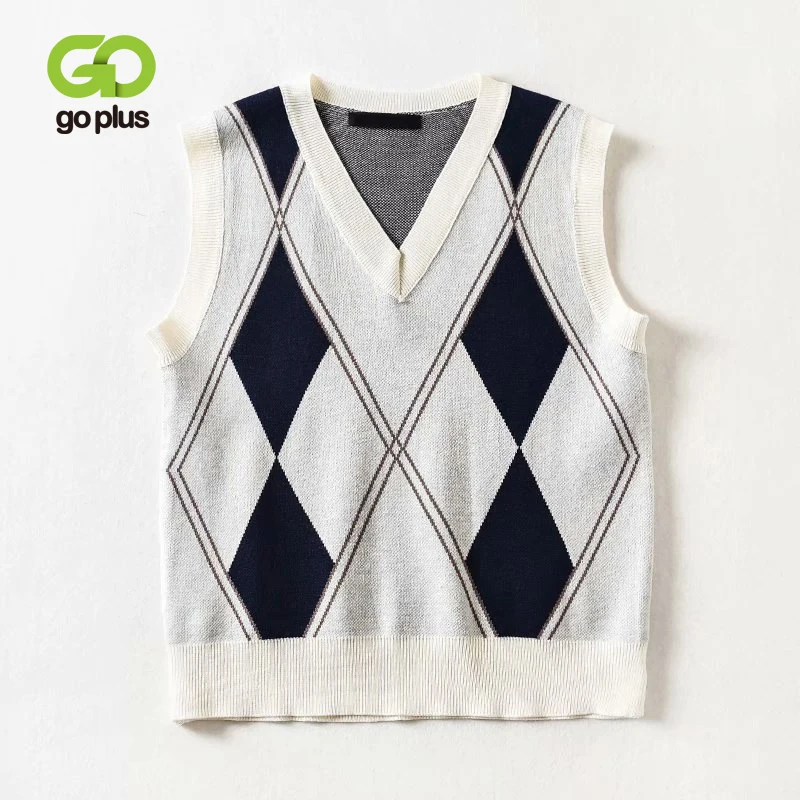 

GOPLUS Women's Vest Sweaters Vintage V-neck Sleeveless Argyle Top Sweater Vests Womans Sweater Female 2021 Chaleco Punto Mujer