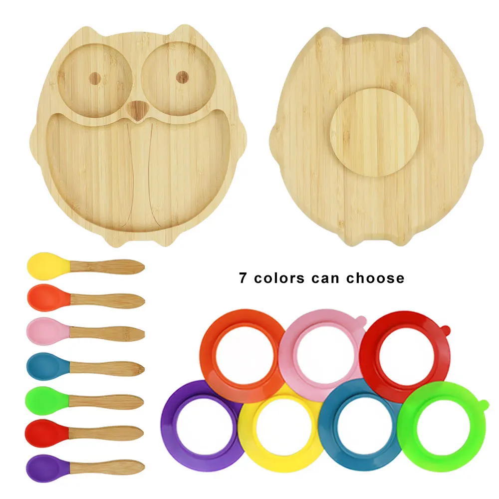 Детская бамбуковая тарелка с совами и подходящая ложка в комплекте для кормления