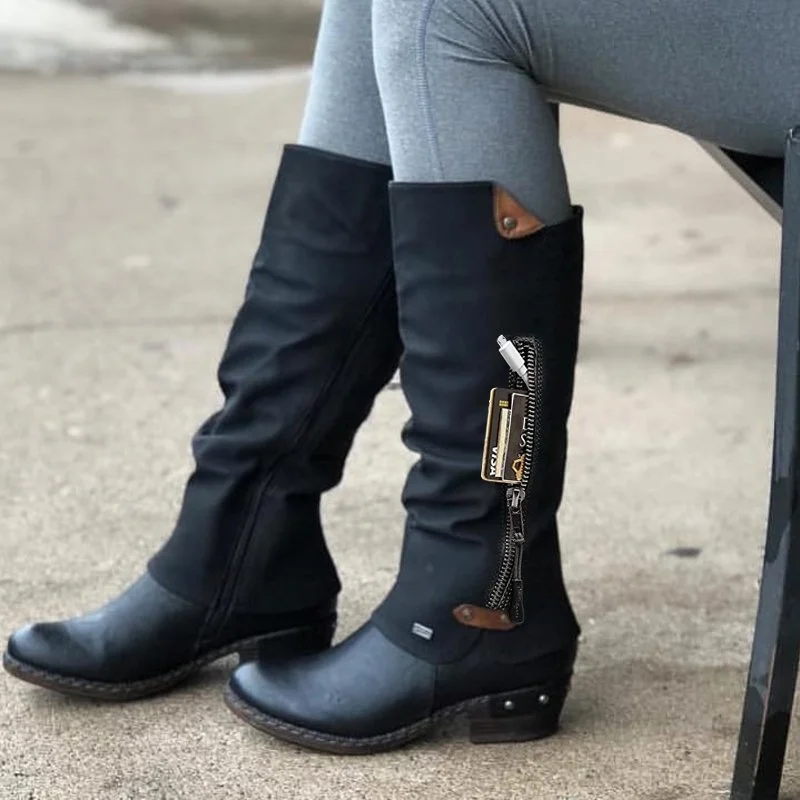 

Woman Vintage Fashion Women Knee High Boots Leather Riding Boots Medieval Cowgirl Boots Autumn Winter Ladies Flat Boots