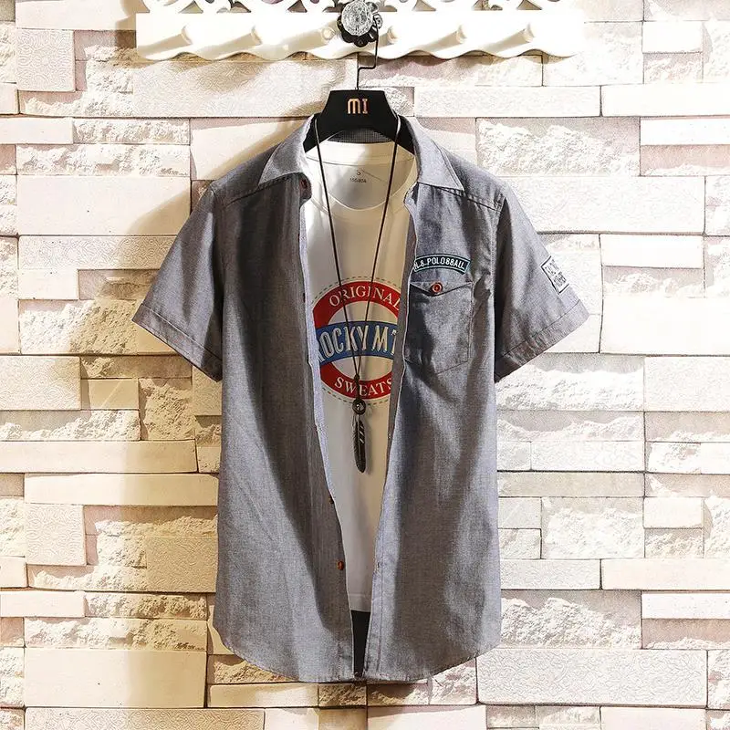 

Summer Short Sleeve Anime Shirt Men's Korean Denim Casual Upper Garment Inch Clothing Cotton Loose Half Sleeve Tooling Fashion