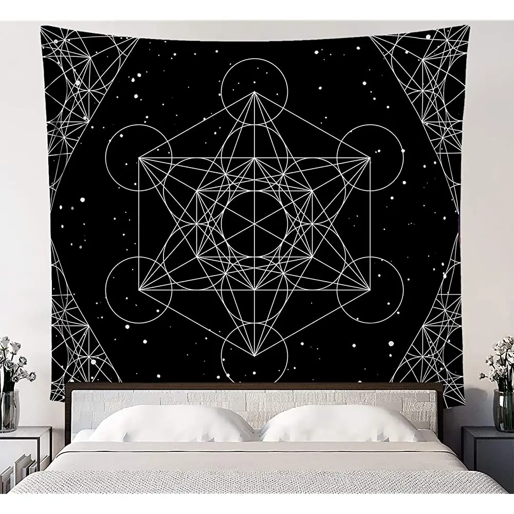 

Metatron's Cube Sacred Geometry Tapestry, Simple Black and White Boho Wall Hanging for Bedroom Living Room Dorm, 58x51 inches