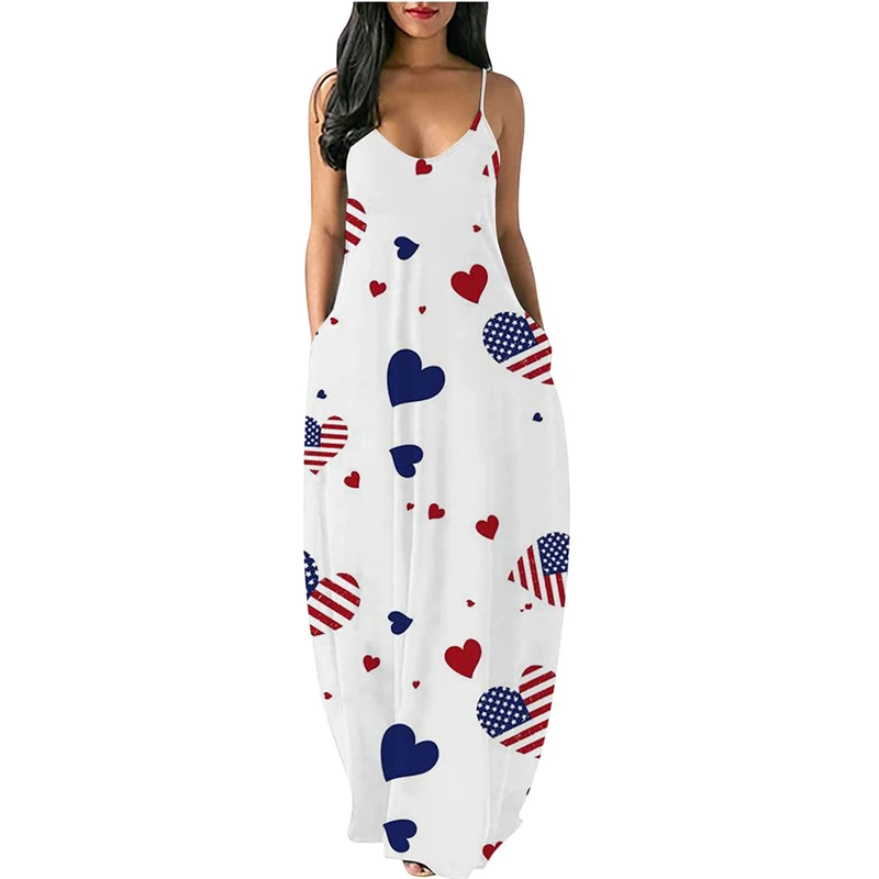 

Women's Slip Dress Plus size Midi Satin Dresses American Flag Print Dress Sleeveless Below Knee Femme Clothes Summer Vestidos