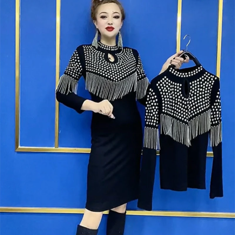 

Dress Female 2021 Autumn New Fashion Foreign Style Heavy Industry Tassel Splicing Slim Bottomed Skirt