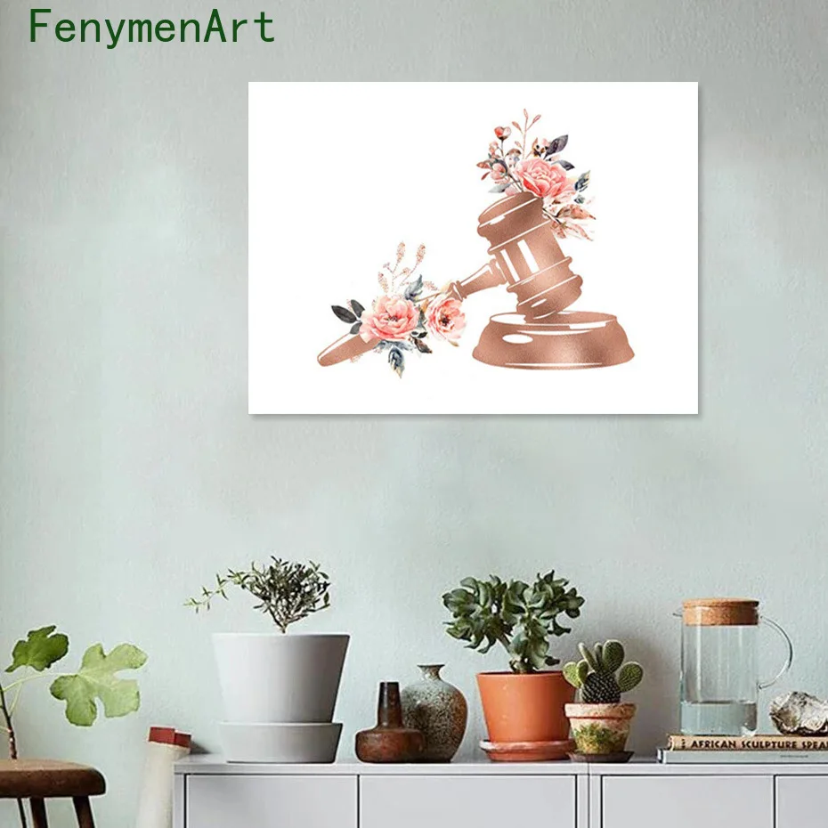 

Pink Flowers Golden Balance Canvas Paintings Law and Women Wall Pictures Room Home Decor Female Judge Lawyer Posters and Prints