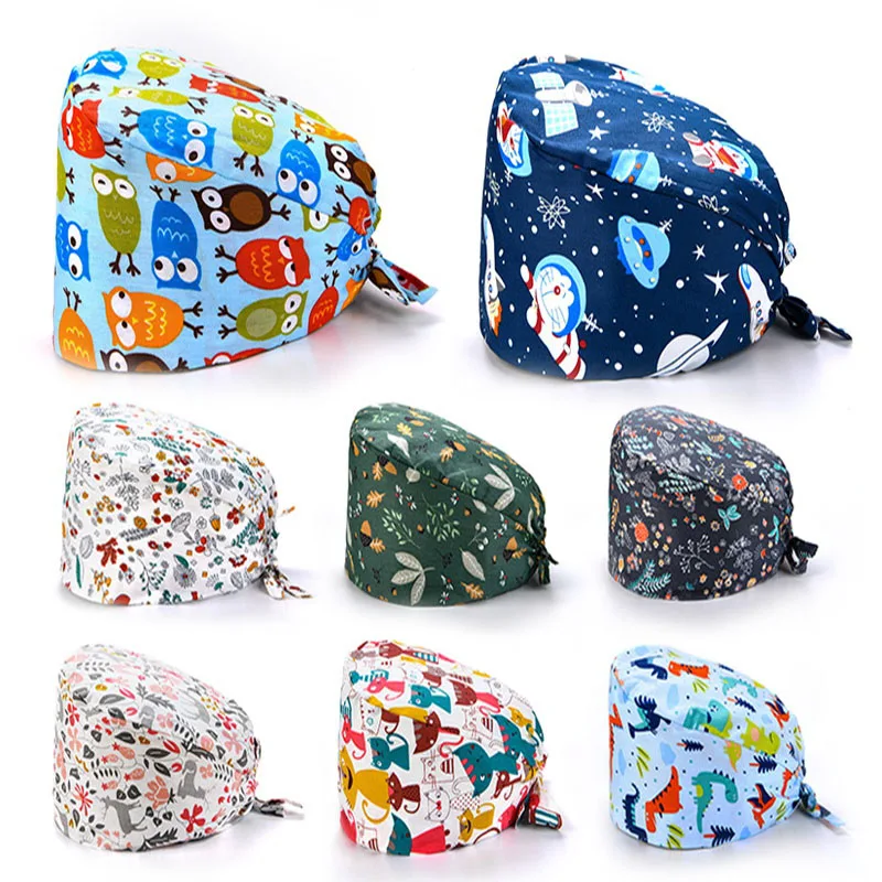 

Cartoons Salon Pattern Printing with Buttons Nursing Head Cap Lab Scrub Pet Shop Surgicals Hat Unisex Scrub Hat