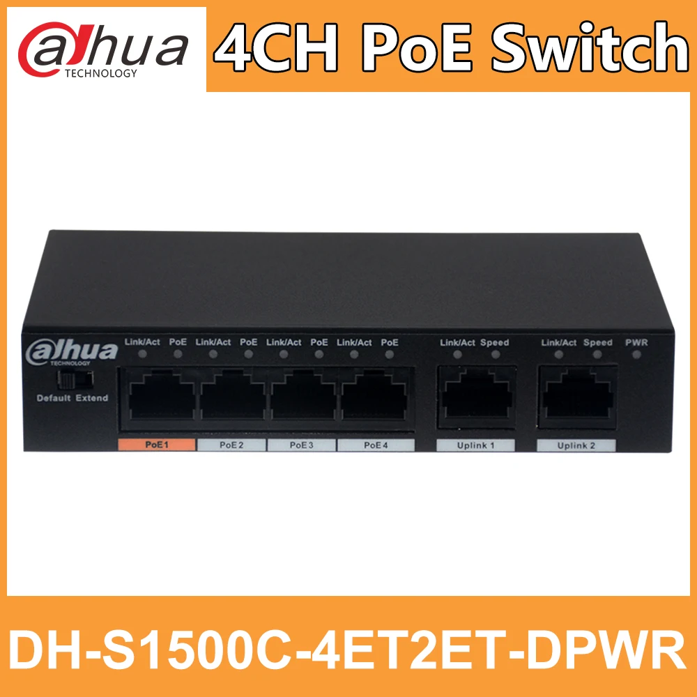 Dahua 4CH PoE коммутатор DH-S1500C-4ET2ET-DPWR Ethernet с 250 м мощность транзитного расстояния