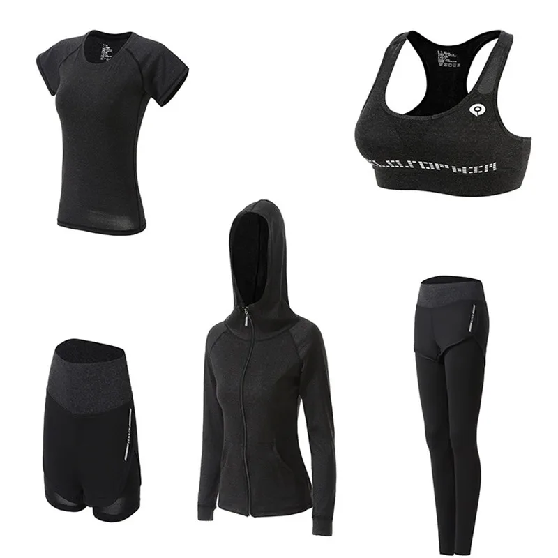 5-black 1 комплект, Женский комплект из 5 предметов для йоги, для бега, футболка, фитнес, бюстгальтер, спортивная одежда, для фитнеса, Kleding Vrouwen, одежда для спортзала, спортивный костюм для тренировок - Цвет: 5-black