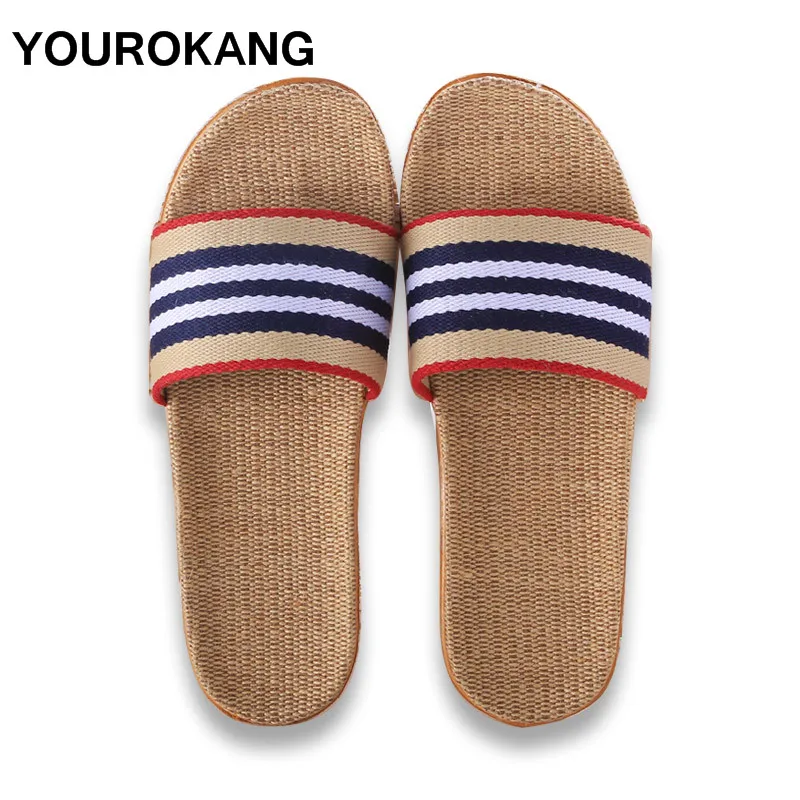 Мужские льняные домашние тапочки в полоску унисекс модные мужские сандалии