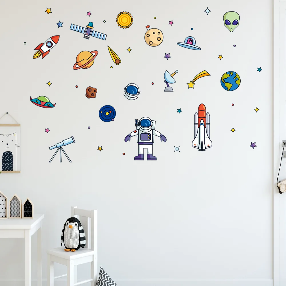 

Cartoon Space Astronaut Wall Sticker for Kids room Kindergarten Wall Decor Vinyl PVC Art Murals Home Decoration Removable Poster