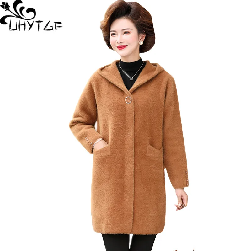 

UHYTGF Autumn winter wool jacket women quality mink fleece casual 6XL plus size coat double-faced cashmere hooded outerwear 1053