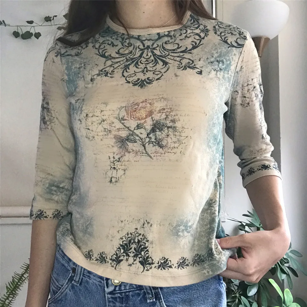 

Модные эстетичные ретро рубашки Y2K со стразами в стиле 90-х, Модные осенние облегающие укороченные топы с круглым вырезом и длинным рукавом, в...