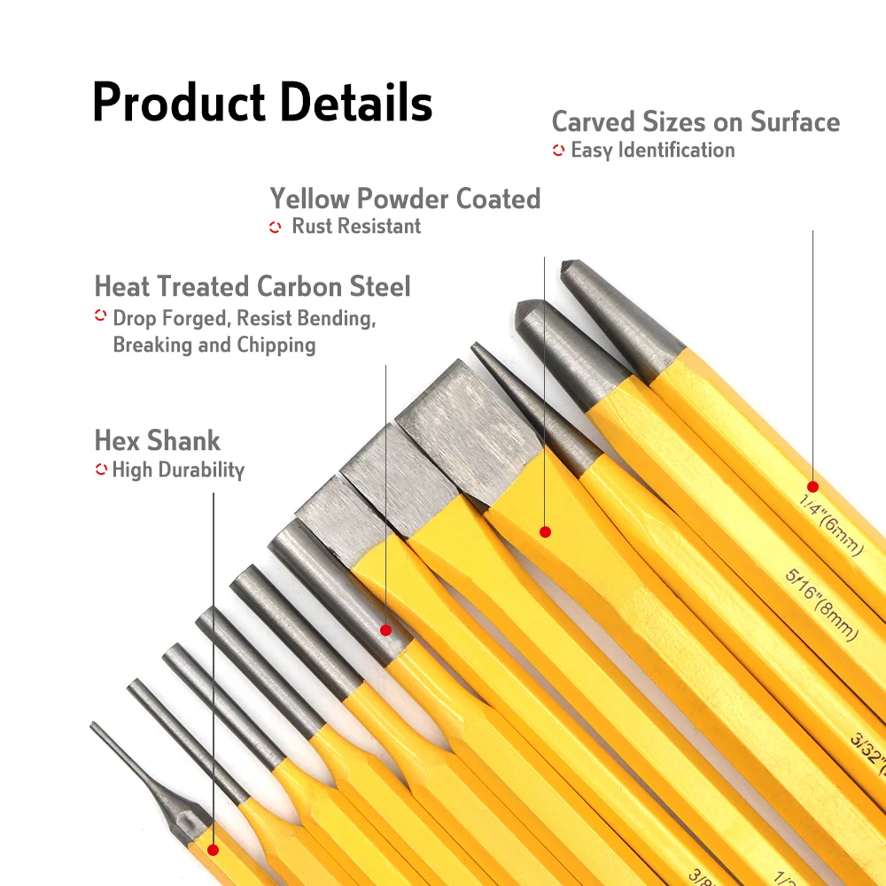 

BRAKEMAN 12PC Cold Chisels & Pin Punches set Alloy Steel Heat Treated Carbon Steel for Metal & Wood Work