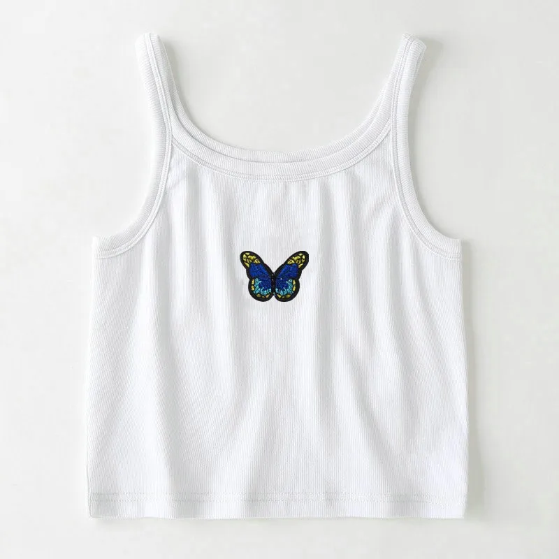 Майка женская с вышивкой бабочки пикантный синий укороченный топ принтом