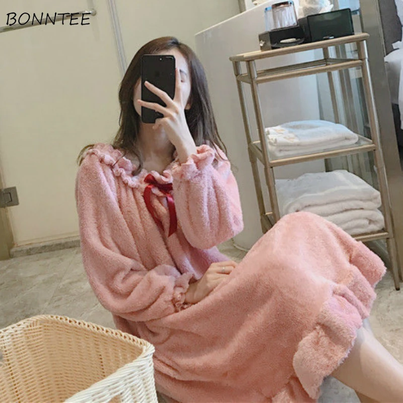 Ночные рубашки для женщин Чистый Розовый кавайный бант коралловый бархат весна