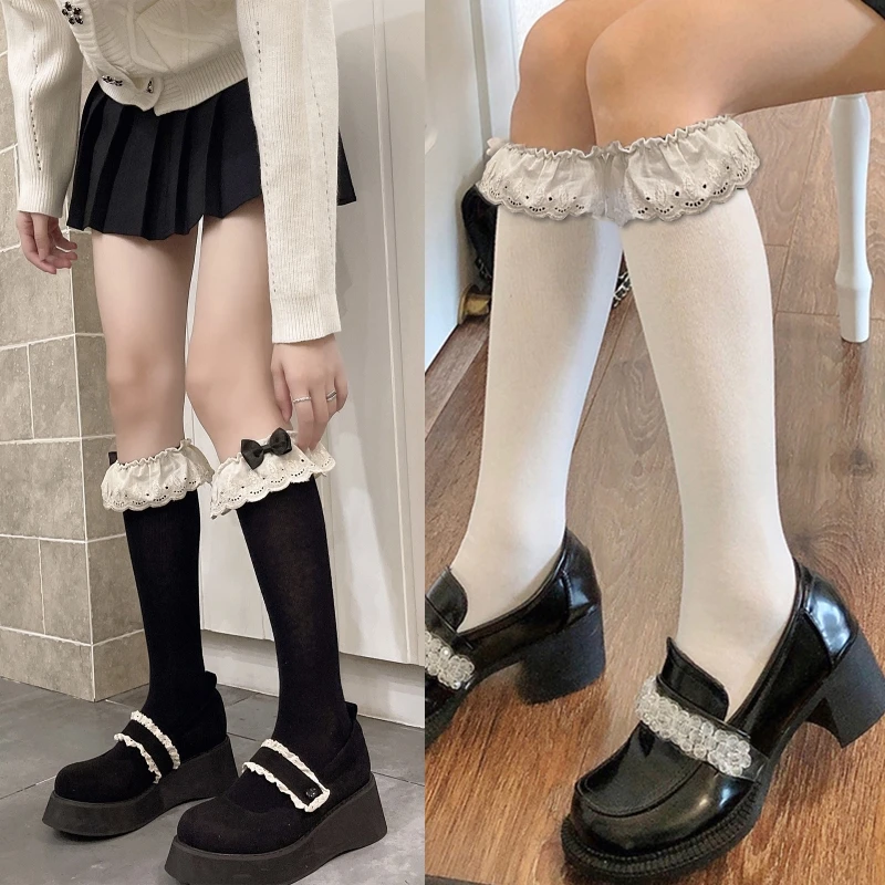 

Lovely Girls Solid Color Lolita Socks Knee High Socks Lace Stockings Soft Cotton Long Socks L5YB