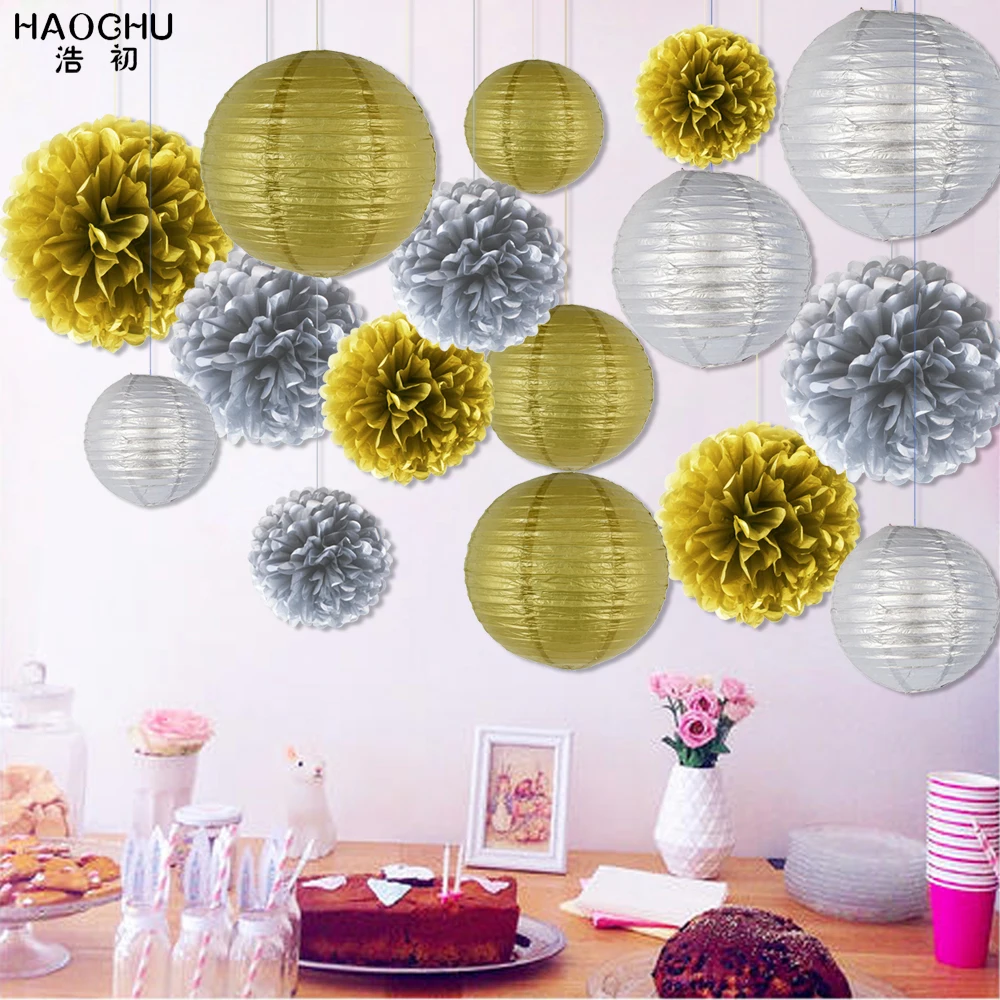 16 шт./лот Китайские бумажные фонарики фонарь ткань Pom Poms различные размеры