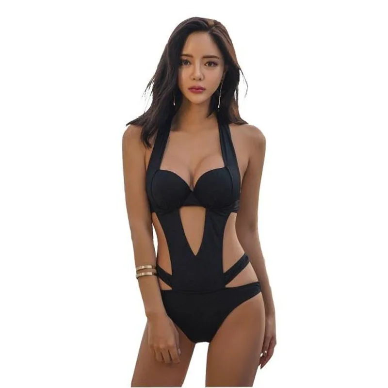 

Summer Sexy Triangle One-piece Swimsuit Ladies Black Hollow Swimsuit Steel Support Small Chest Gathered Big Backless Swimsuit