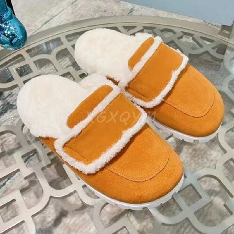 

Autumn Sheep Fur Mules Women Round Toe Outdoor Slippers Genuine Leather Loafers Flat Shoes Warm Shoes