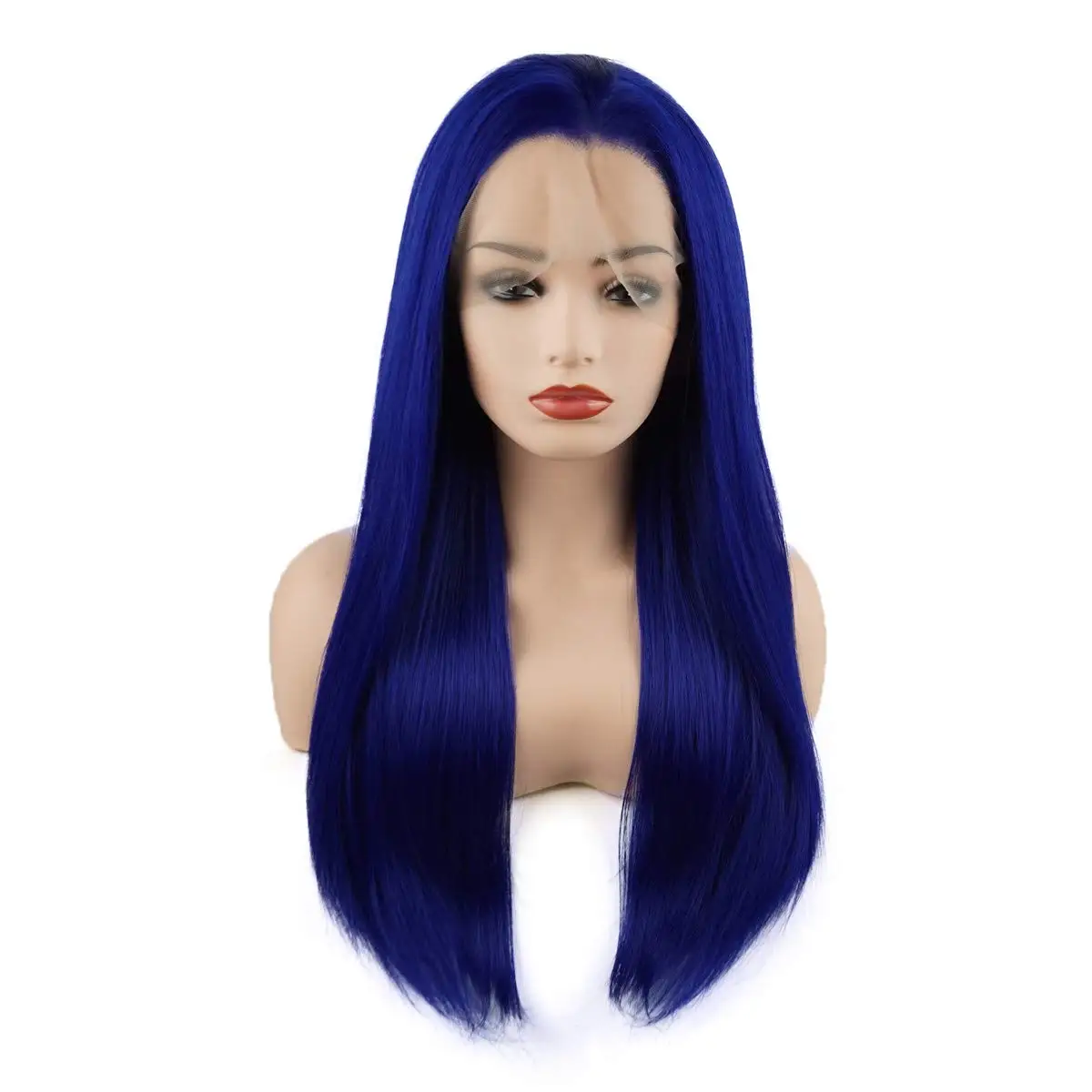Jeelion Hair Straight Long 24inch Navy Blue Half Hand Tied Heavy Density Synthetic Lace Front Wigs