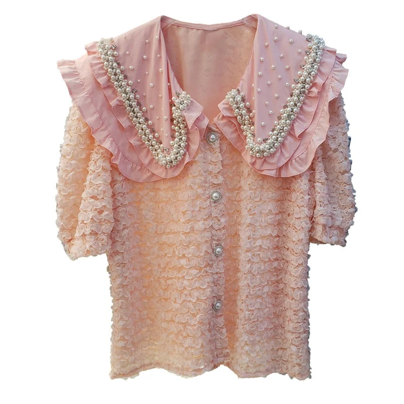 Chemise d'été en dentelle pour femmes, nouveau Style coréen, jolies perles, col de poupée, manches courtes bouffantes, Blouses assorties pour filles et dames, 2021