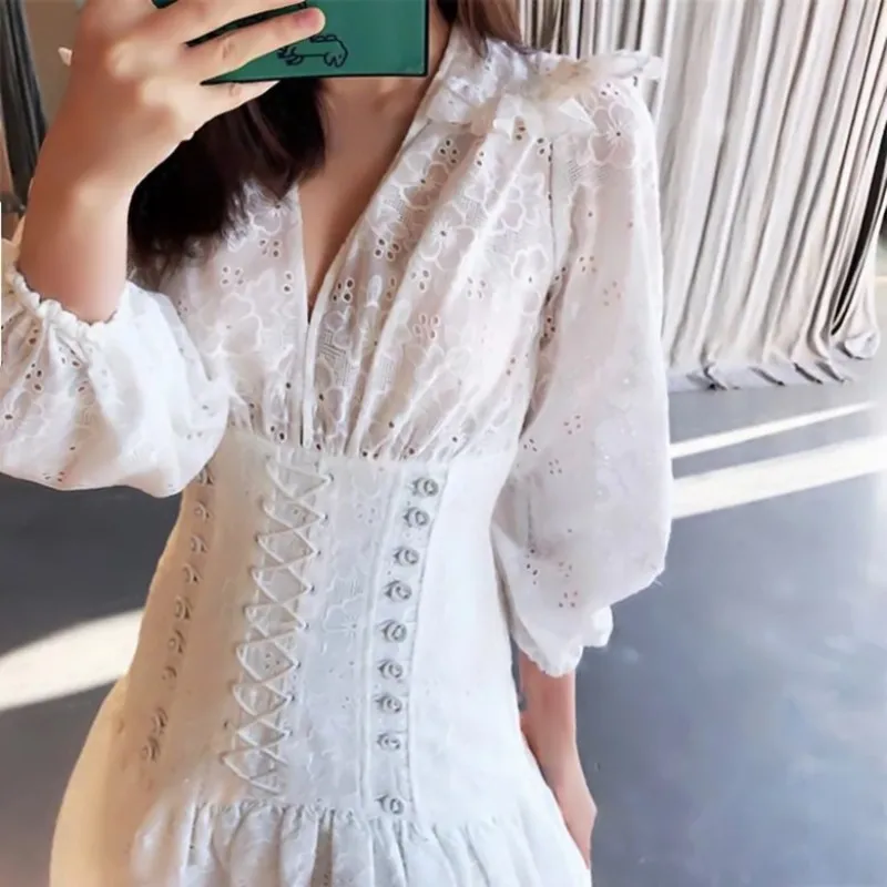 

2021 Women High Waist Mini Dress Slim Fit Lace Up Corset Ruffle Cotton Linen Casual Floral Lantern Sleeve Female Sexy Dresses