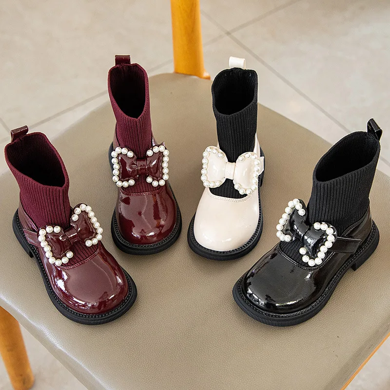 

Kids Girls Shoes with Bow Autumn Children Leather Shoes Pearl Bow Princess Shoes Girls Flying Knit Shoes Soft Sole Fashion