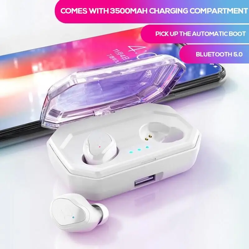 Новинка, Bluetooth 5,0, гарнитура, сенсорные Мини Спортивные Беспроводные наушники, бинауральные, водонепроницаемые, 3500 мА/ч, зарядная коробка, HIFI Звук, наушники - Цвет: Белый
