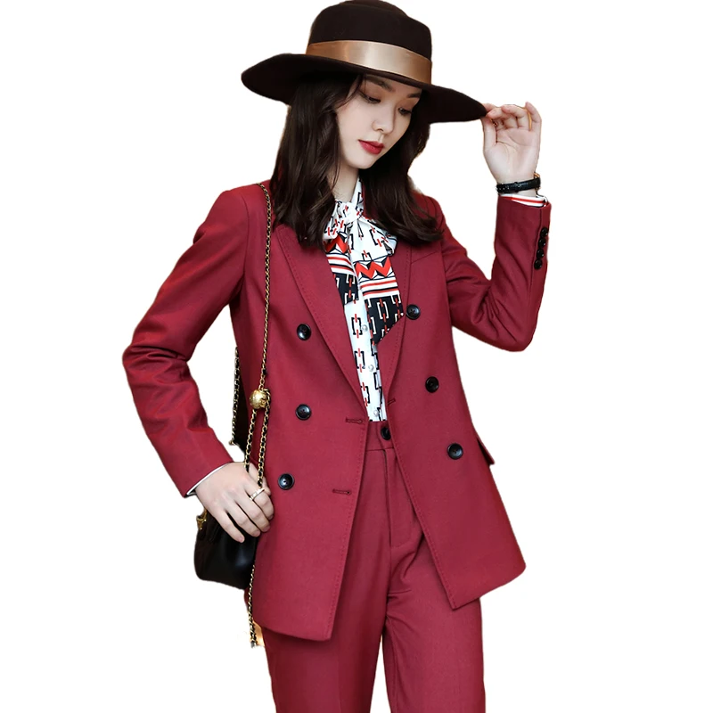 Lenshin 2 Piece Suits High quality Women Pant Suit Fashion Formal Lady Office Work Red Business Double breasted Blazer Suit