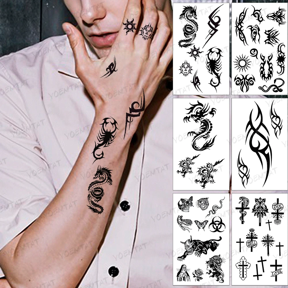Водостойкая временная татуировка-наклейка дракон, змея, Скорпион, солнце, Геометрическая черная татуировка, ручной палец, татуировки для же...
