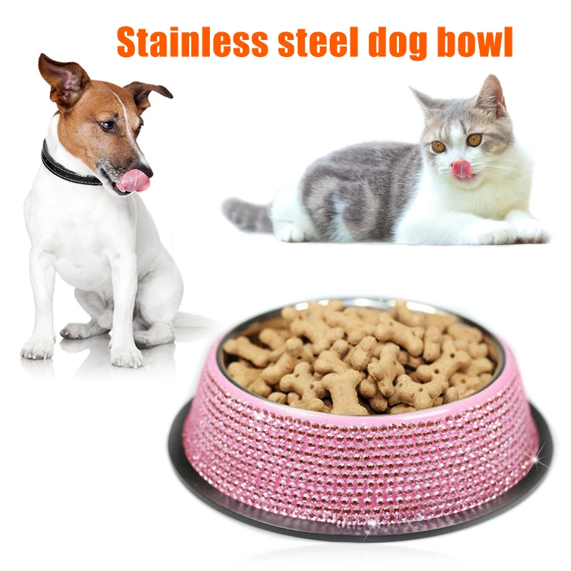 

Crystal Pet Bowl Stainless Steel Rhinestone Inlaid Pet Dog Cat Food Water Bowl GHS99