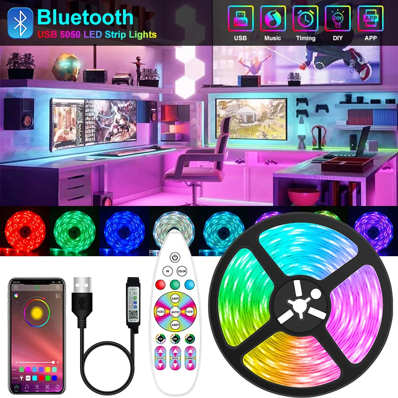 

Светодиодная лента с USB-разъемом 5050 RGB, гибкая светодиодная лента, 5 В, Bluetooth, управление телефоном для комнаты, телевизора, подсветки, вечерин...