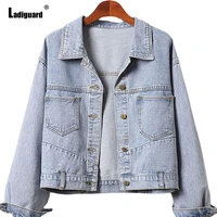 ladiguard 2021 single breasted top solid retro denim jacket plus size ladies jean outerwear female lapel collar street jackets