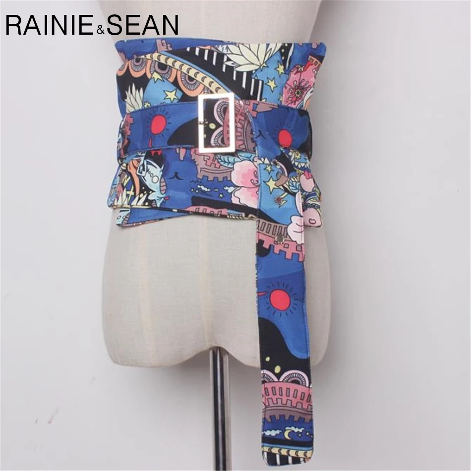 RAINIE SEAN Extra Wide Belt Cummerbunds For Women Waistband for Jeans Print Corset Waist Belt Pin Buckle Blue Dress Belts Wrap