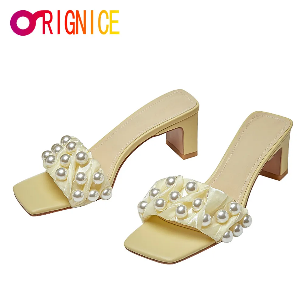 

Orignice Fashion Sqaure Toe Pearl Decoration Slippers Women 2021 New High Heel Sandals Slip On Casual Comfort Wedding Dress Shoe