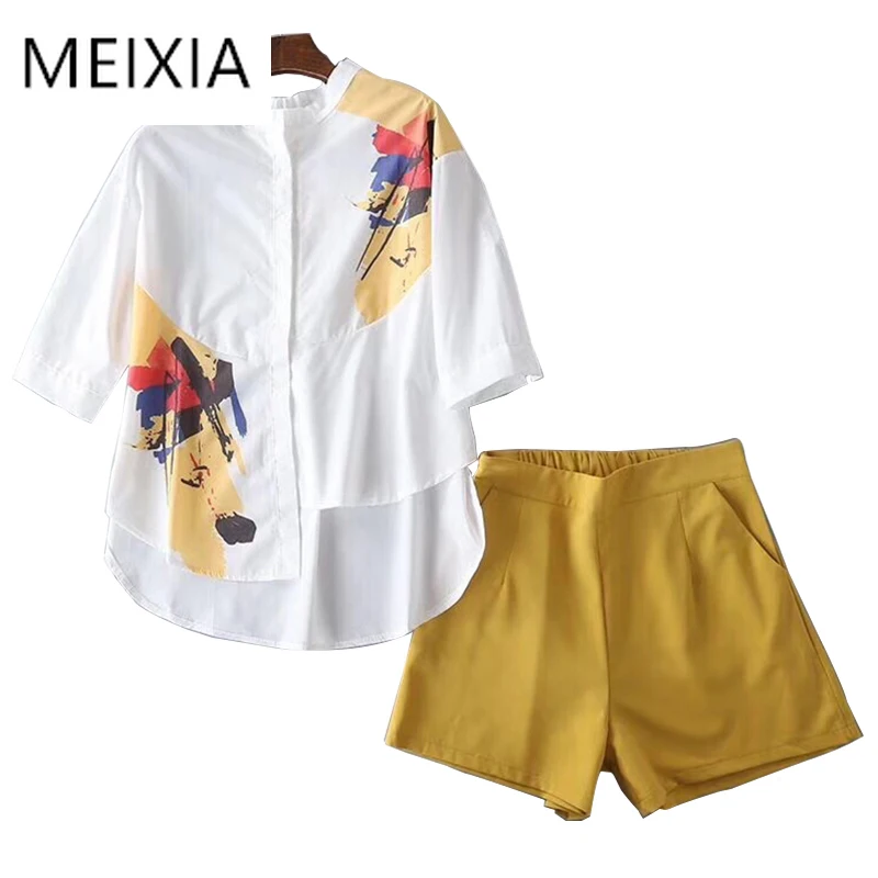 

MEIXIA Summer Women two piece Set Casual Print Single-breasted Tops + Shorts Elastic Waist Zipper Office Lady Suit 2 Piece Set