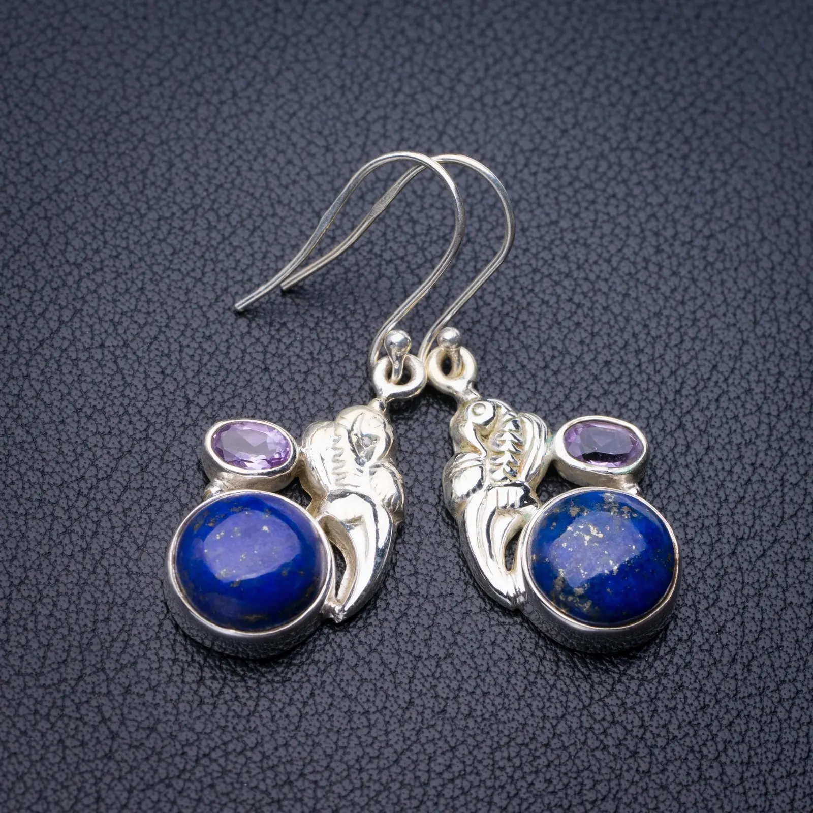 

StarGems Natural Lapis Lazuli And Amethyst Bird Handmade 925 Sterling Silver Earrings 1.5" E1295