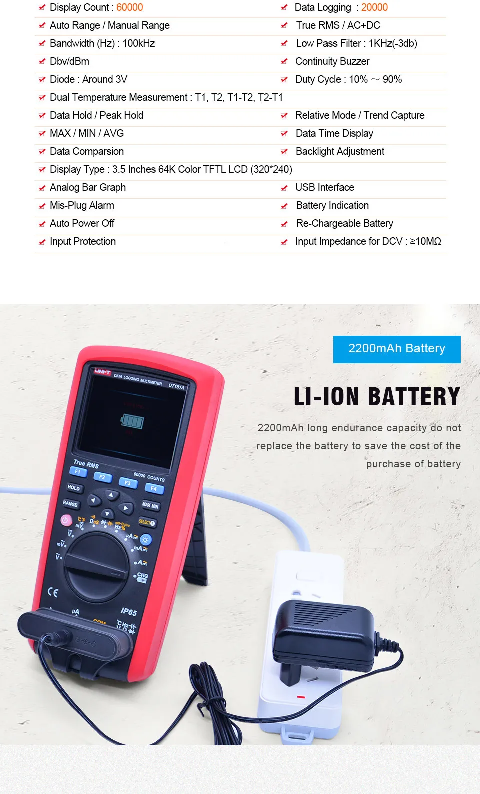 U-NIT UT181A регистрация данных 20000 Цифровые мультиметры True RMS DMM измеритель температуры емкости с перезаряжаемой батареей