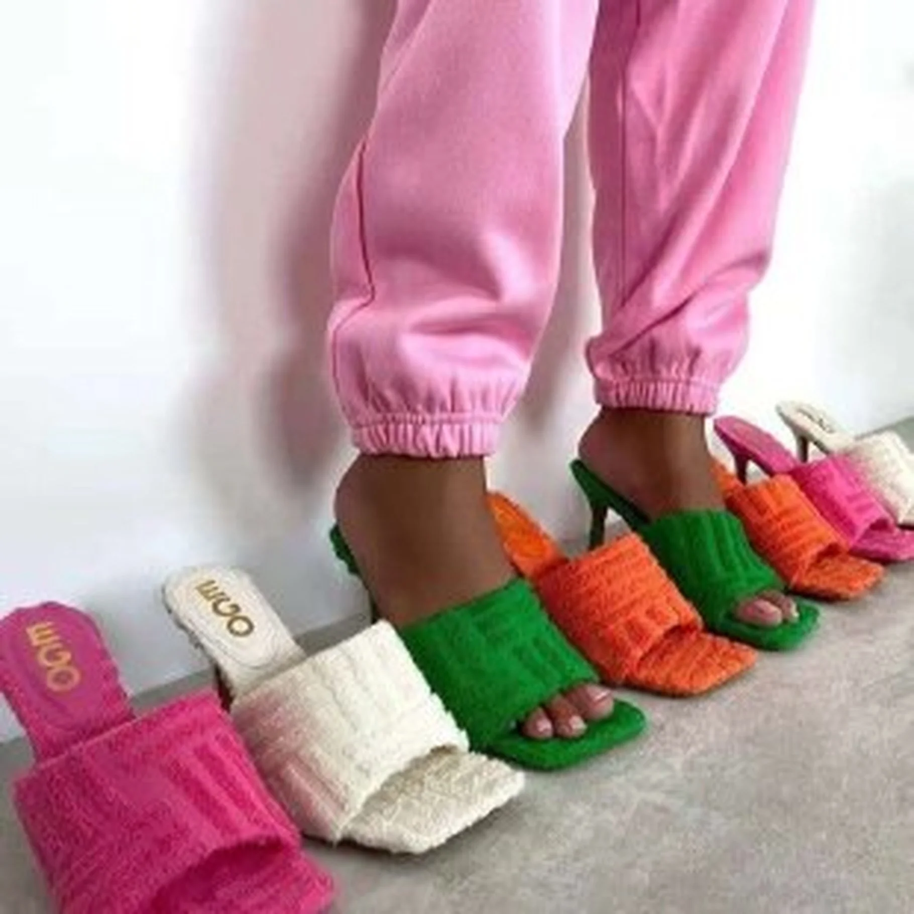

2021 plus size square toe stiletto sexy high heels women's European and American stand towel slippers Fashion women's shoes