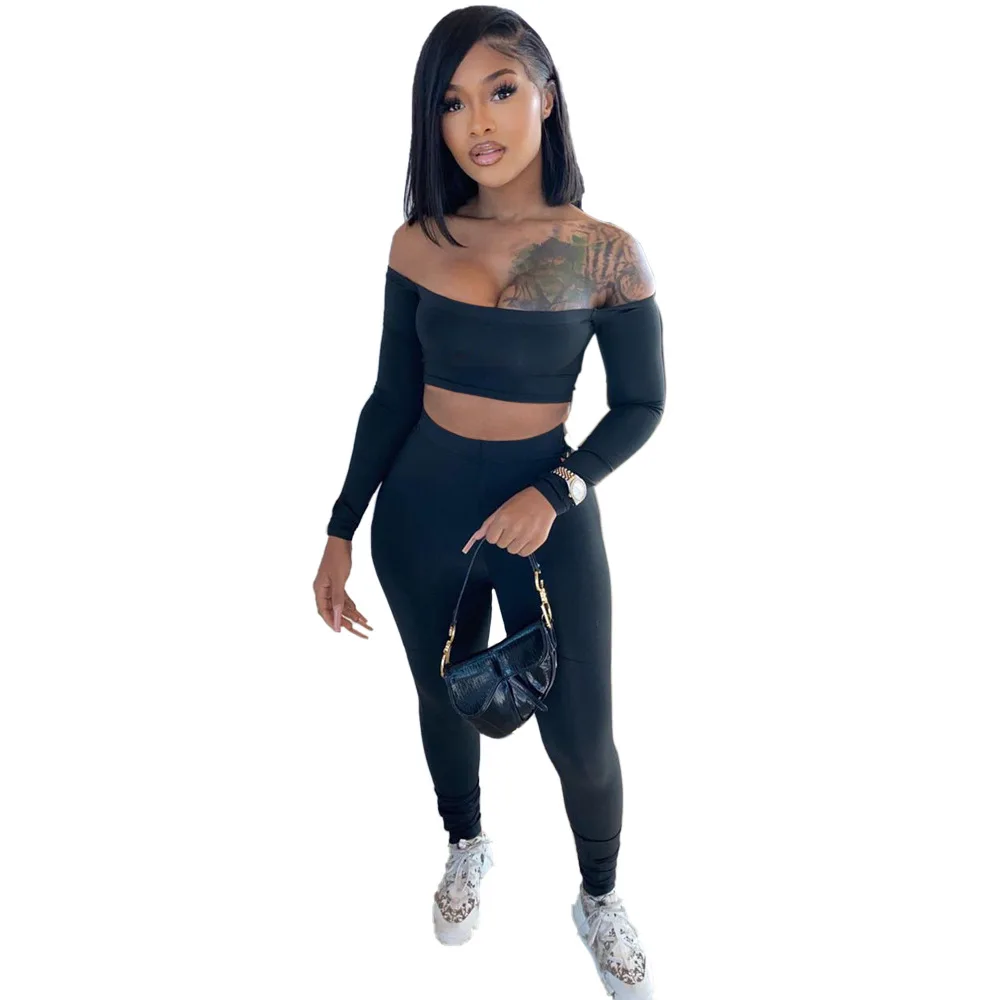 

New Women Sexy Off The Shoulder One Shoulder Long Sleeve Crop Top And High Waist Pants Sport Two Piece Set