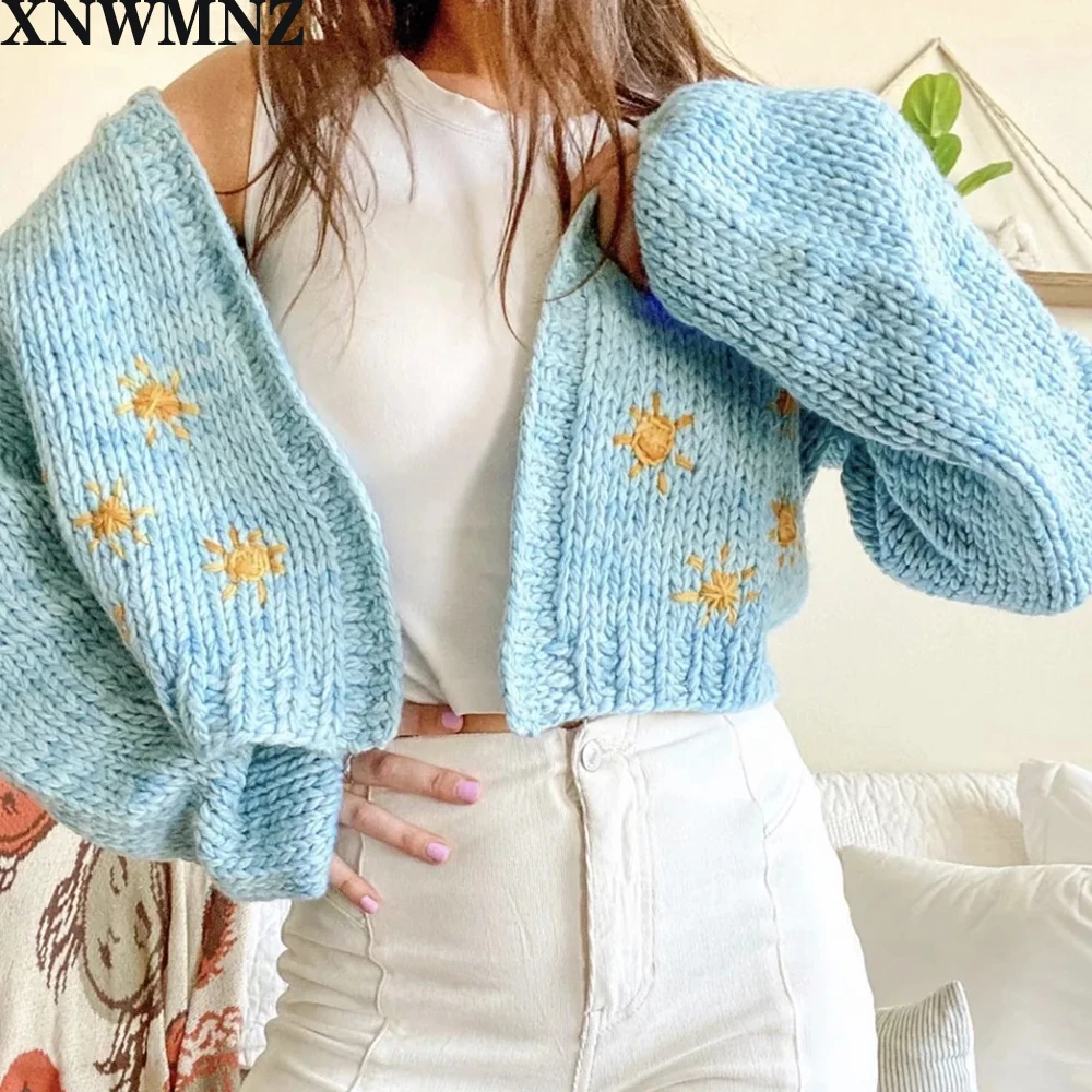 

XNWMNZ 2020 новый весенний осенний женский свободный вязаный свитер с V-образным вырезом и длинным рукавом модный вышитый кардиган пальто