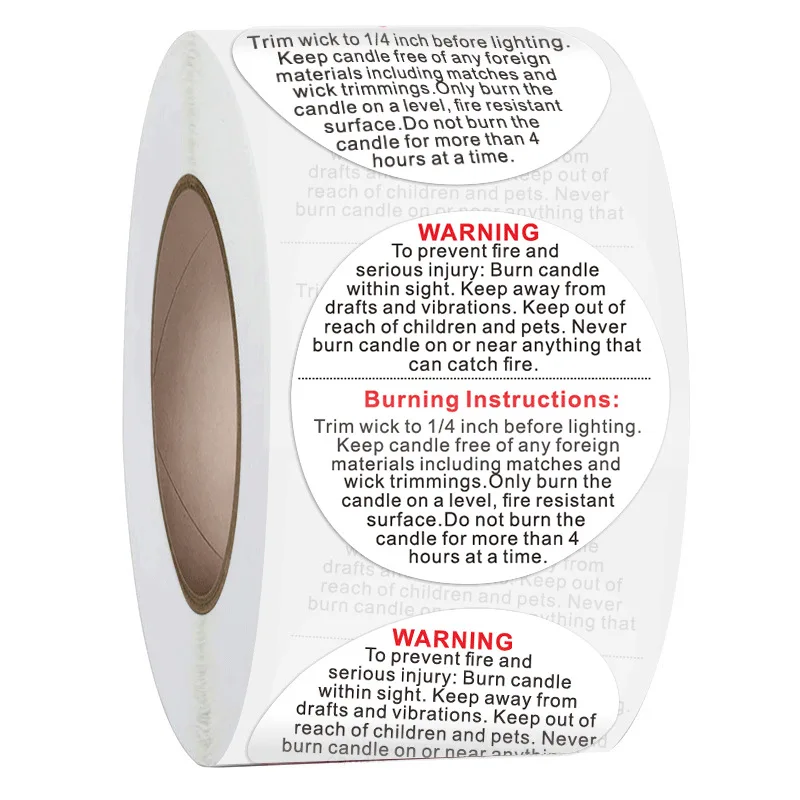 

500Pcs/Roll Candle Warning Sticker Burning Instructions Coated Paper Round English Sticker Shop Decor Home Decorations Labels