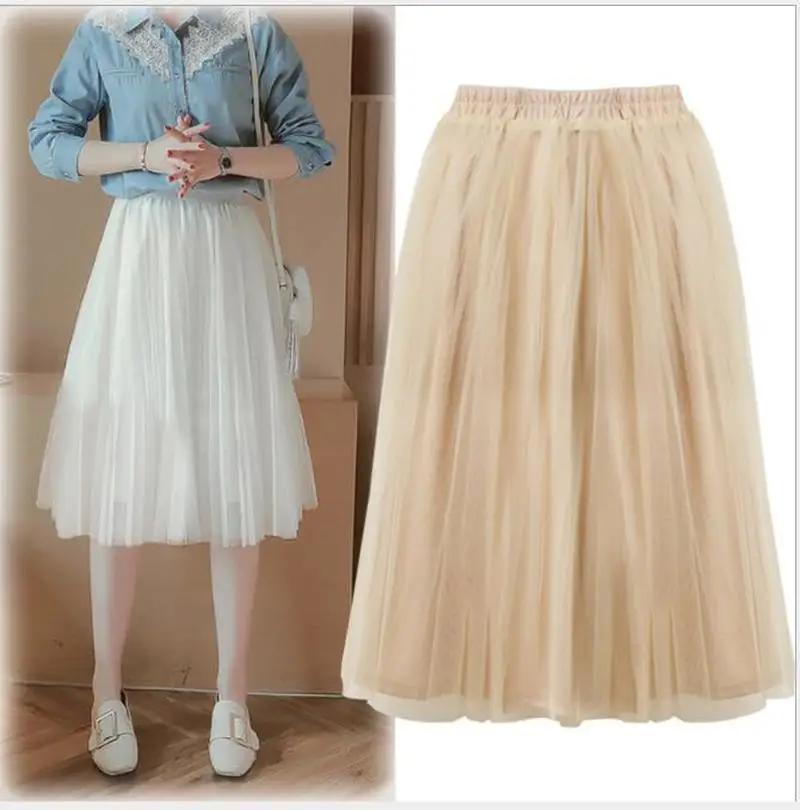 Women Girl Skirt High Waist Mesh Female Autumn and Winter Elegant Fairy Big Swing Pleated Fashion Solid Color A skirt CL81 | Женские юбки