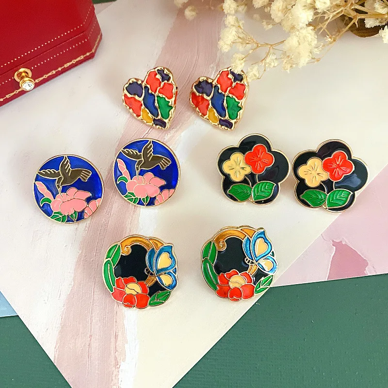 

Palace classical Chinese style drip oil enamel peach heart butterfly flower 925 silver needle stud earrings female