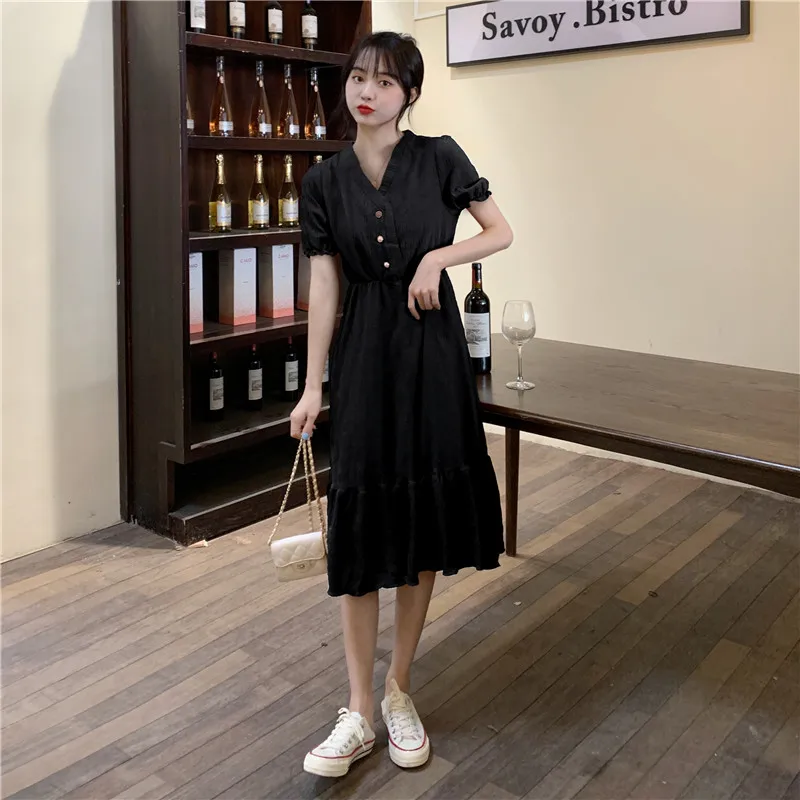 

Houthion Women Dresses Chiffon Long Dress Elastic Waist Short Sleeve Fashion Casual Solid Bohemia Loose Plus Size Dresse A-LINE
