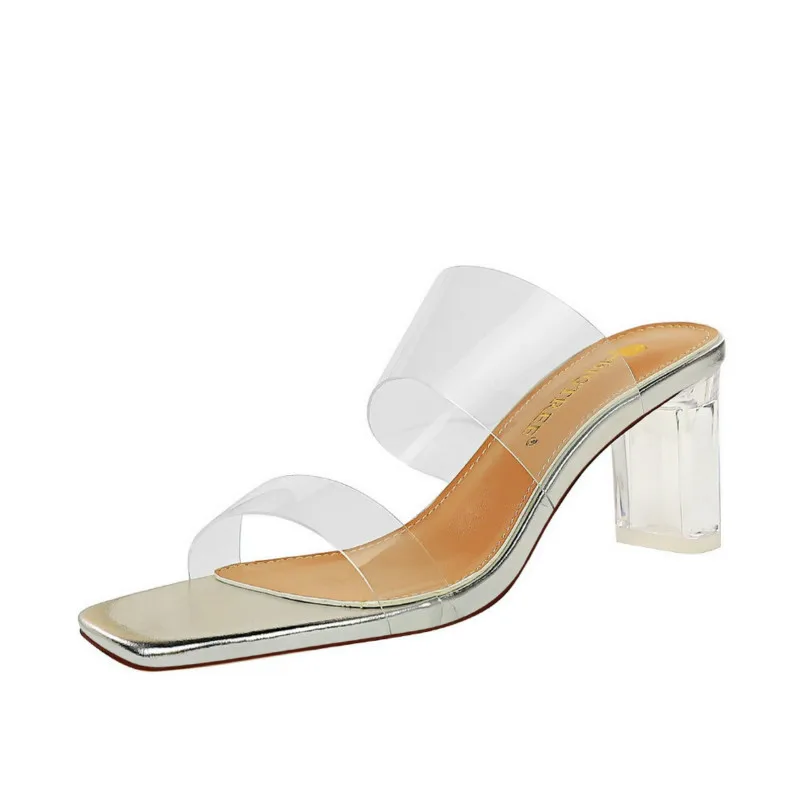 

European And American Fashion Simple Transparent A- Line Square Toe Open Toe Slipper High Heel Women's Perspective Slippers