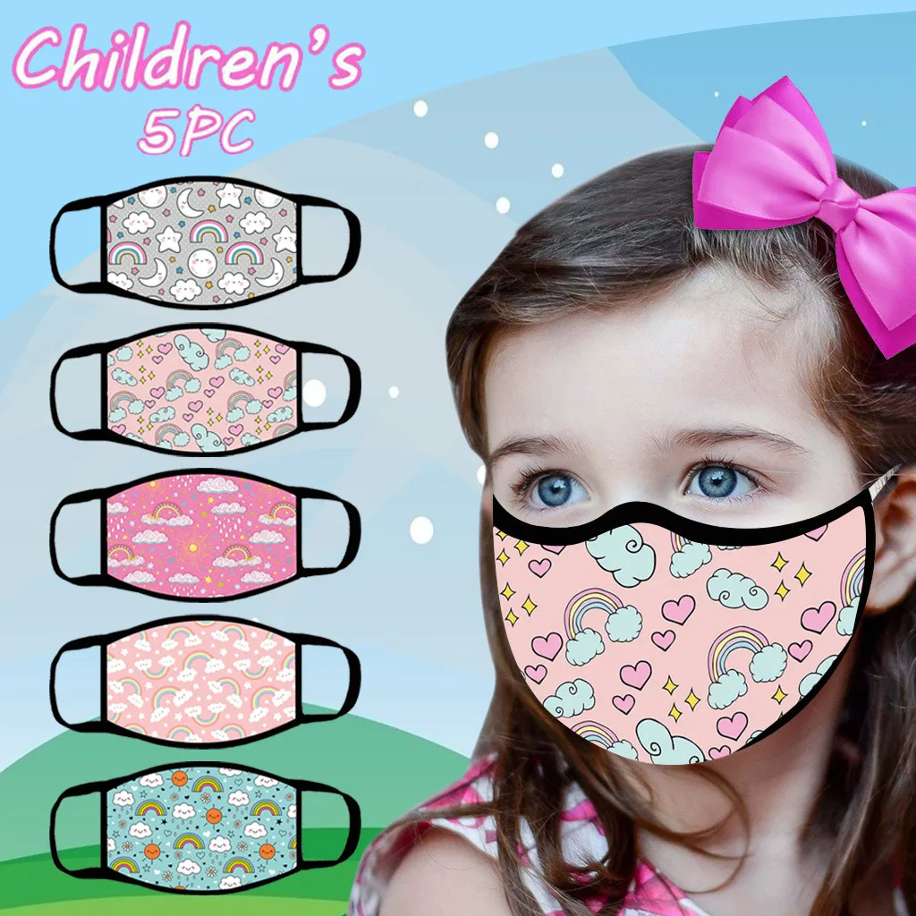 5 шт. Детские хлопковые маски для рта с принтом моющиеся многоразовые лица
