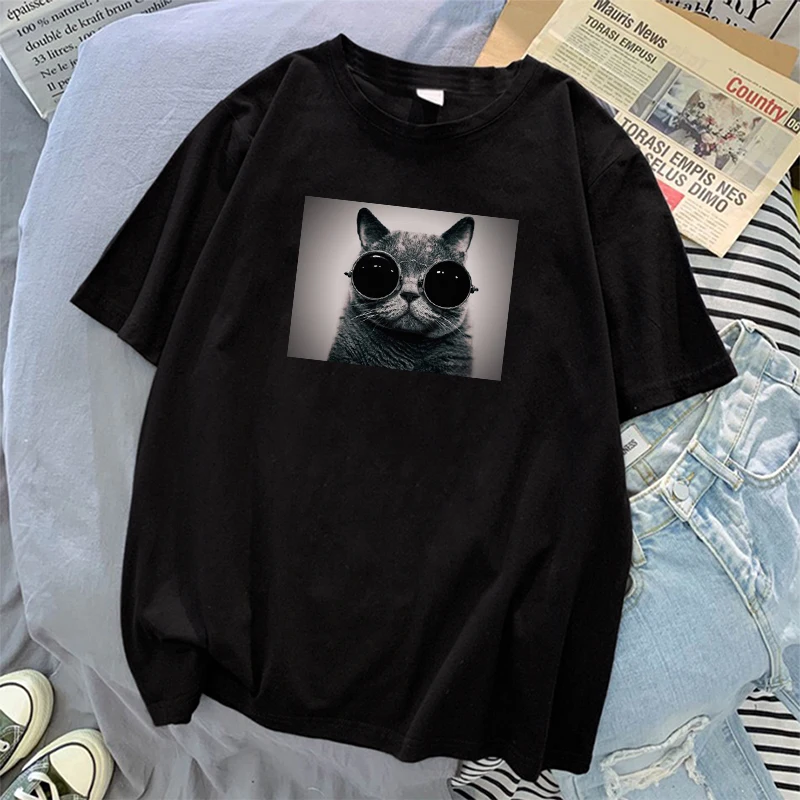 

Cat With Sunglasses T Shirts Harajuku Loose T-Shirts Summer Cartoon T-Shirts Short Sleeve Tops Loose Oversized T Shirt Women's